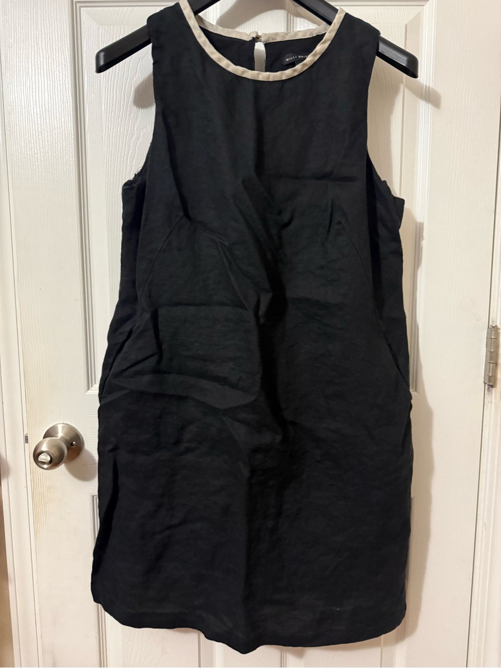 Willi Smith Black Shift Dress with Cream Neck Trim Asymmetrical
